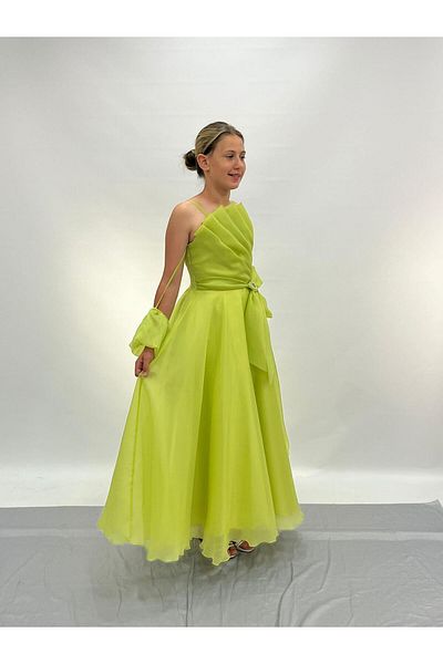 BUTİKHAPPYKİDS Girls' Evening Dress Green Strap Accordion Neckline Long Chiffon Evening Dress with Sleeves 10-15 Years