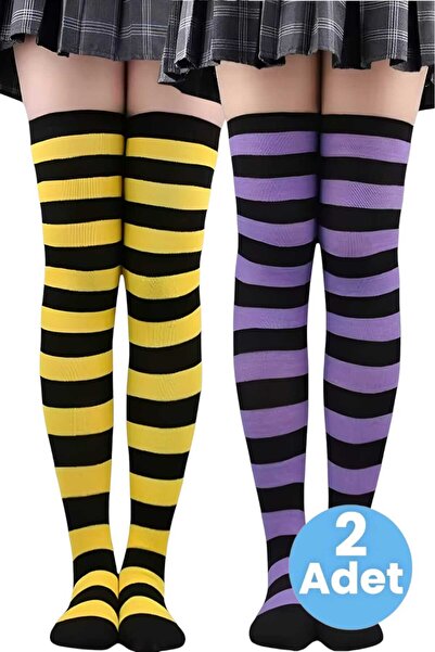 Trenderrs Дамски чифт от 2 дебели раирани чорапи над коляното