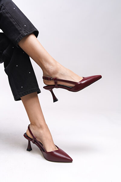 Riccon Elyerue Kadın Arkası Açık Sivri Burun Stiletto 0012725 Bordo Rugan Çizgili