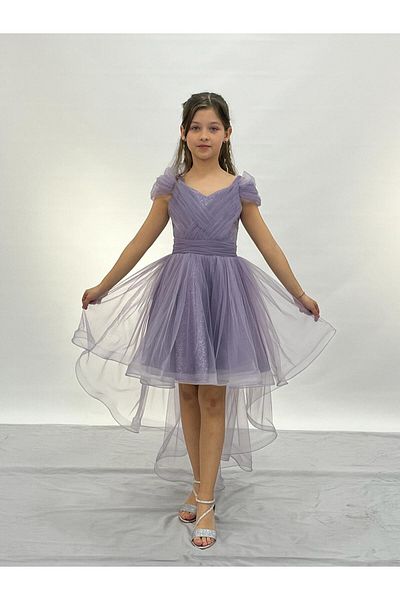 BUTİKHAPPYKİDS Girls' Evening Dress Lilac Strap Low Sleeve Sweep Train Evening Dress 6-14 Years