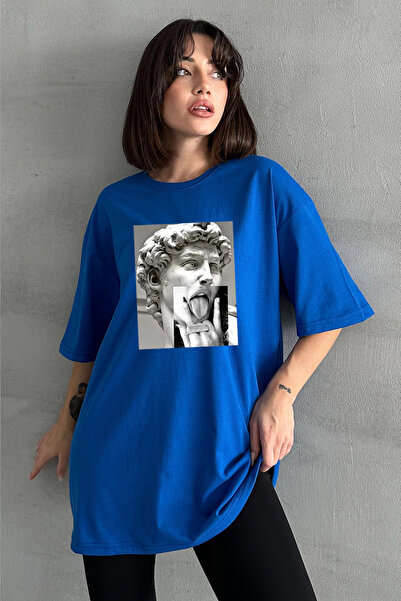 Stendhal تي شيرت نسائي كبير الحجم برقبة دائرية وطبعة تمثال داود باللون الأزرق