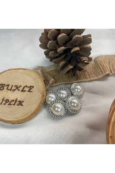 Bukle İplik Ethnic Silver Framed Plastic Button - Large Pearl Detail, Bottom Stitching, 34" Length, 21.5mm - 12Pcs