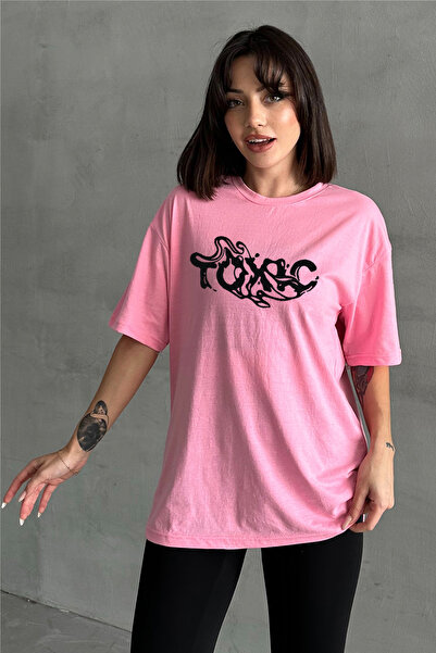 Stendhal Tricou oversize pentru damă, roz Toxic Printed Crew Deck