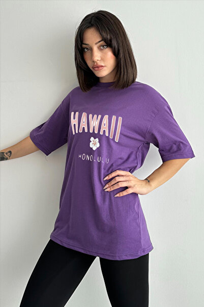 Stendhal Γυναικείο μωβ μπλουζάκι με στάμπα Hawaii Crew Neck Oversize