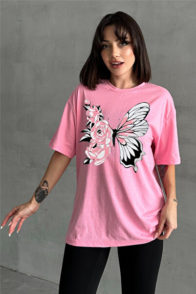 Stendhal Tricou oversize pentru damă, roz, cu imprimeu floral, cu decolteu ro...