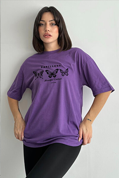 Stendhal Tricou oversize pentru damă, mov Papllion, cu imprimeu fluture