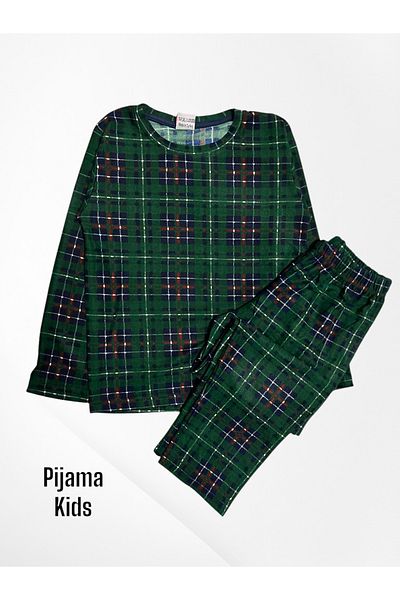 Pijamakids Set de pijamale de iarnă cu mânecă lungă, 100% bumbac, piele de căprioară, verde, cu model în carouri