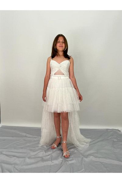 BUTİKHAPPYKİDS Κορίτσια Λευκό Sparkly Tulle μπροστινό τρένο με κλιμακωτό βραδινό φόρεμα 9-14 ετών