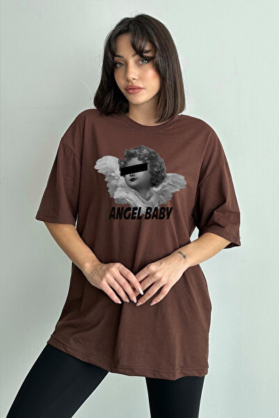 Stendhal Γυναικείο μπλουζάκι με στάμπα Angel Baby με λαιμόκοψη σε καφέ χρώμα