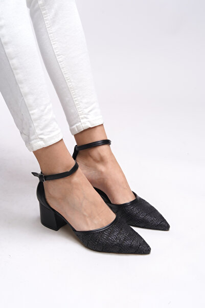 Riccon Mirrithe Kadın Sivri Burun Hasır Topuklu Ayakkabı 0012416 Siyah Hasır