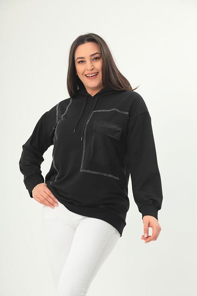 Şans Women's Plus Size Black Stonework Pocket Detail Hooded Sweatshirt 65N38715