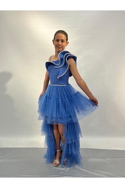 BUTİKHAPPYKİDS 10-15 Years Old Girl's Indigo Evening Dress - with Tail, Flywheel and Stone Embroidery