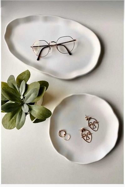 beautystyle Curvilinear Oval and Round Decorative Set of 2 Plates Decorative Plate Whitewavy Presentation Tray, Jewelry