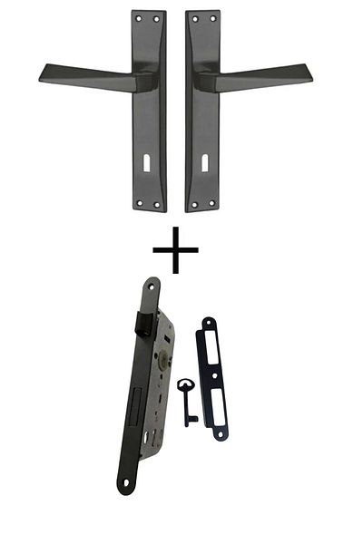 bersayapı Prism Mirrored Room Door Handle and No Mute Mortise Lock Matte black 1 Door Set Black Door Lock 40mm