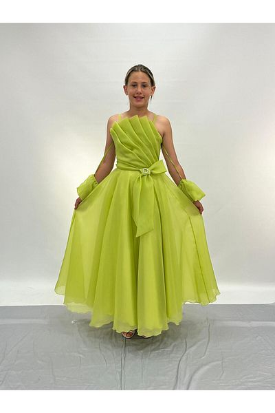 BUTİKHAPPYKİDS Girls' Evening Dress Green Strap Accordion Neckline Long Chiffon Evening Dress with Sleeves 10-15 Years