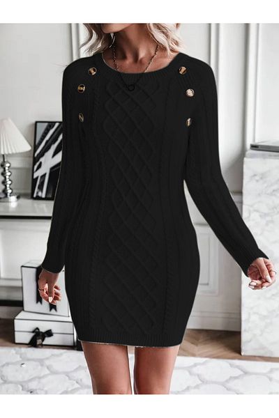 citystyle Rochie neagră de tricotaje cu gât barcă, împletitură de păr și model jacquard, model elegant cu detaliu cu nasturi