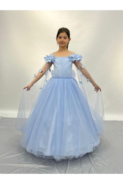 BUTİKHAPPYKİDS Blue Floral Patterned Girl's Evening Dress - Age 2-11
