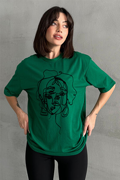 Stendhal Tricou oversize pentru damă, verde, cu imprimeu cu fața
