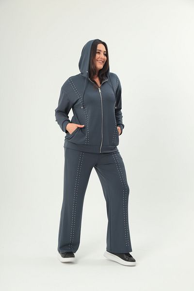 Şans Women's Plus Size Smoked Stone Detailed Hooded Tracksuit Suit 65N38713