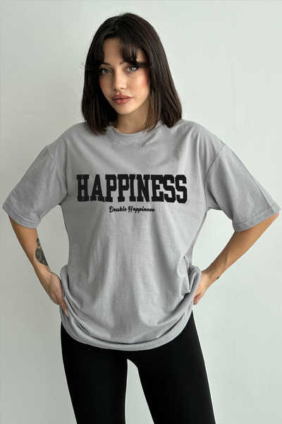 Stendhal Γυναικείο μπλουζάκι με στάμπα γκρι Happiness Crew Neck Oversize