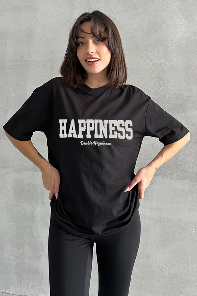 Stendhal Γυναικείο μπλουζάκι με στάμπα μαύρου Happiness Crew Neck Oversize