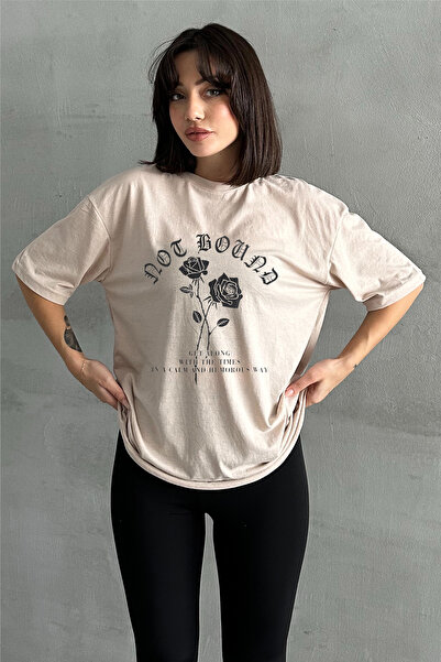 Stendhal تي شيرت نسائي بيج Not Bound Rose مطبوع برقبة دائرية مقاس كبير