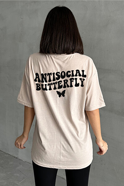 Stendhal Tricou oversize de damă, bej, antisocial, cu imprimeu cu fluturi
