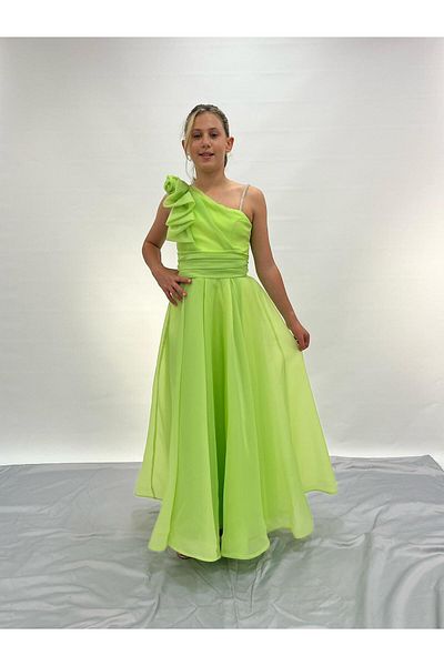 BUTİKHAPPYKİDS Girl's Evening Dress Pistachio Green One Shoulder Collar Rose Detailed Chiffon Long Children's Evening Dress 10-14 Years