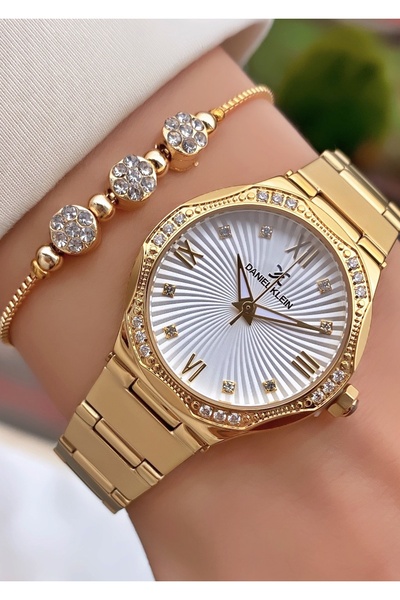Daniel Klein Brand Gold Color Waterproof Women's Wristwatch - With Bracelet Gift