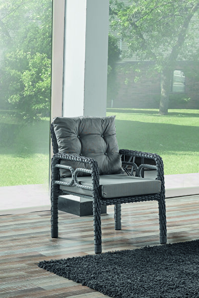 Evdemo Rio Rattan Bahçe Balkon Oturma Takımı 2+1+1+Camlı Masa Gri