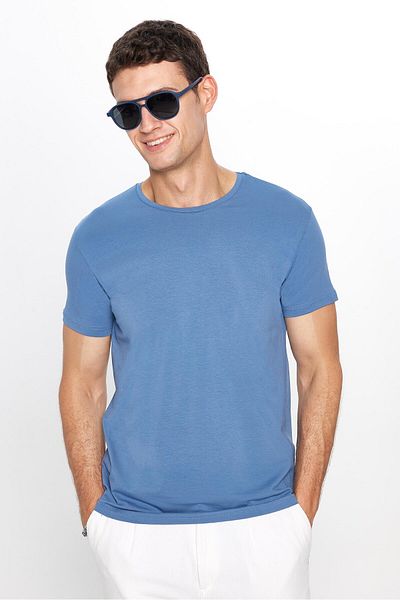 Tudors Tricou pentru bărbați, slim fit, din bumbac, cu textura moale, țesătură elastică, uni, de bază, albastru, cu decolteu