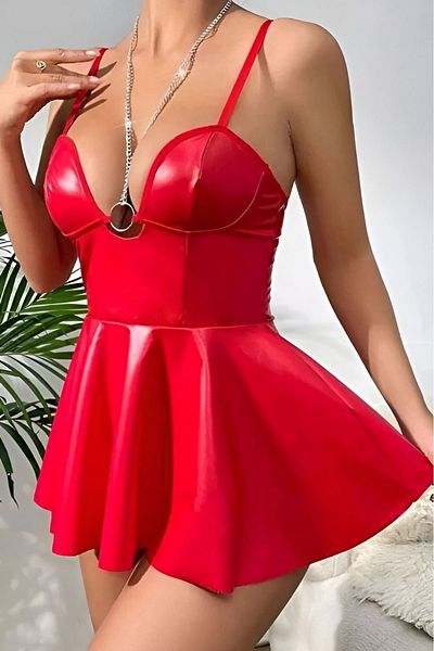 NİMSE LOVE Women's Sexy A+ Quality Red Chain Detailed Mini Lame Leather Dress with Skirt