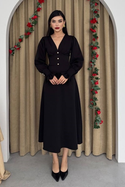 bayansepeti Kadın Uzun Kollu Kolları Volanlı V Yaka Düğme Detaylı Kloş Kesim Midi Boy Siyah Elbise 363