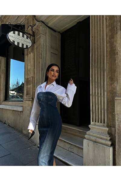 Özman Butik Askısız Büstiyer Detaylı Jean Elbise Mavi