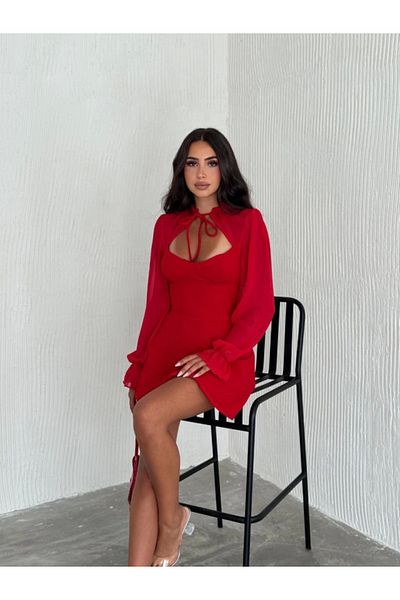 fh fashionhere Chest Tie Sweetheart Neckline Sleeves Chiffon Mini Dress - Red