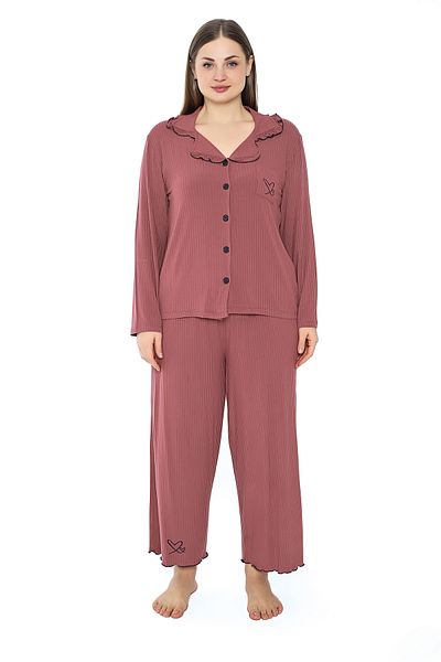 Cotpark Plus Size Women's Viscose Combed Cotton Pajamas Set - Long Sleeve, Shirt Neck, Button Front 19058-B