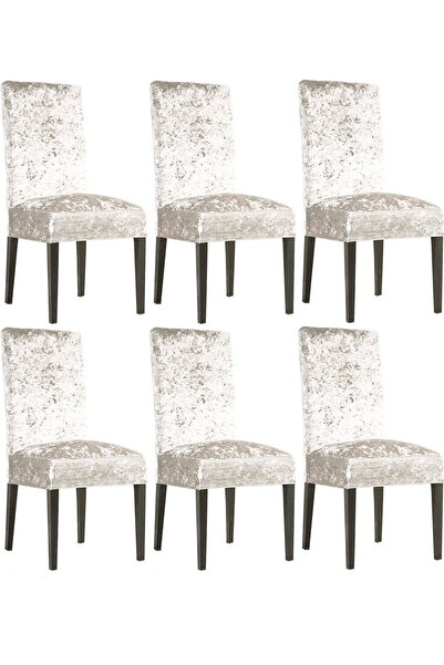 Bumedo Ipek Kadife 6'lı Sandalye Kılıfı Likralı Lastikli Kadife Sandalye Örtüsü (6 ADET) - Krem