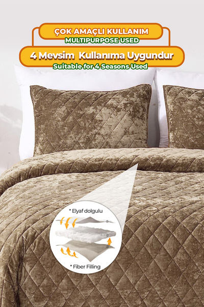 Evlen Home Collection Double Velvet Bed Set - Supersoft Quilted, Soft Fiber, 3 Pieces, Brown