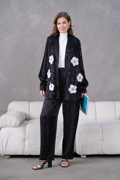 Miss Allos Dámská sada žakárového kimonového kabátu a kalhot s květinovým vyš...