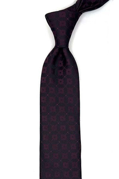 Kravatkolik Claret Red - Black Square Pattern Slim Tie Sk7952
