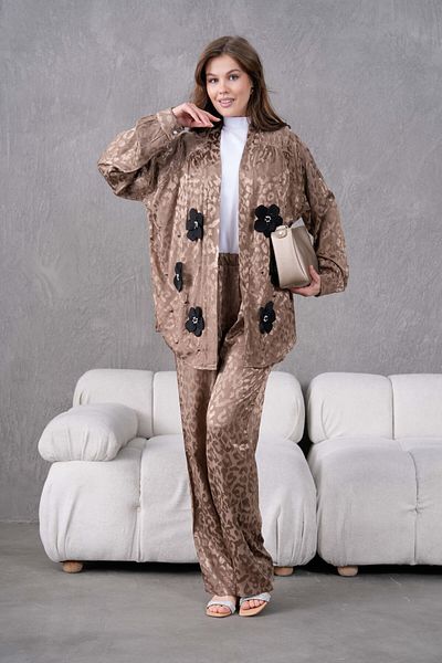 Miss Allos Women's Front Floral Embroidered Stone Detailed Jacquard Kimono Coat and Pants Bottom Top Suit