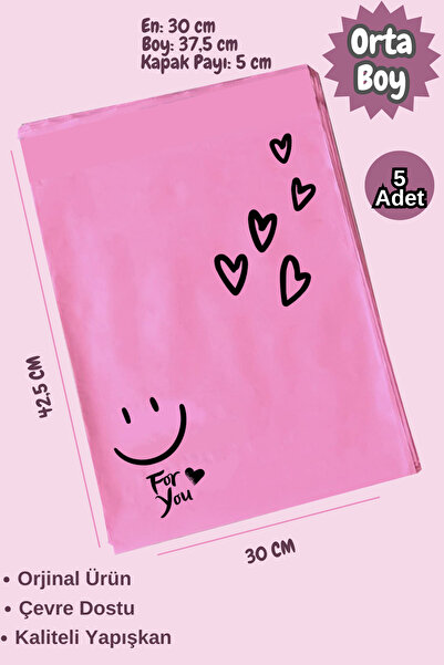 Dekals 5 Adet 30x42(+5cm Kapak) Orta Boy Fuşya Yapışkanlı Poşeti Kargo Poşeti