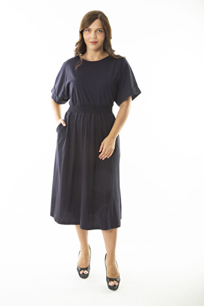 Şans Γυναικείο φόρεμα μεγάλου μεγέθους Navy μπλε μέσης ελαστικό φόρεμα με μαν...