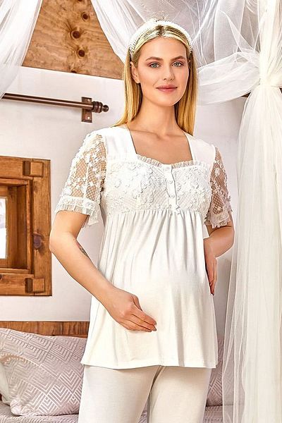 Cossy By Aqua 24169 Women's Maternity Short Sleeve Lace Detailed Pajama Set-cream