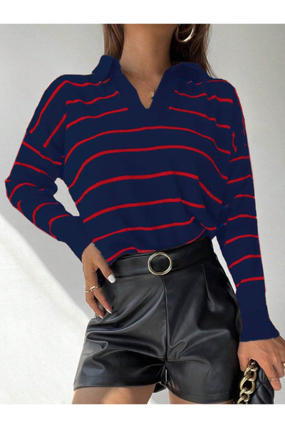 Moda Ebrar Eyesof Women's Long Sleeve V Neck Striped Knitwear Blouse