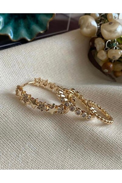 SU PERİSİ TAKI BİJUTERİ Gold Yıldız Detaylı 3 lü Halka Set Küpe
