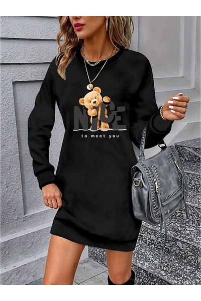 JANES Rochie de damă cu mânecă lungă, cu decolteu, cu imprimeu de urs, din viscoză, cu două fire