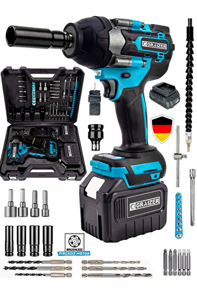 Graizer Alman 1400 Nm Akülü Somun Bijon Sökme Takma Sikma Makinesi Matkap Akülü Vidalama Kömürsüz Motor