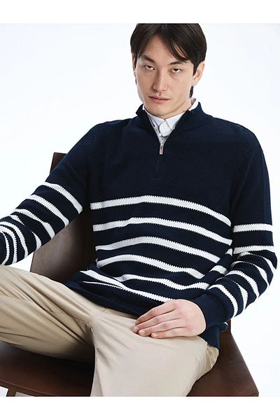 LC Waikiki Lcw Vision Navy Blue Stand Collar Long Sleeve Striped Men's Knitwear Sweater