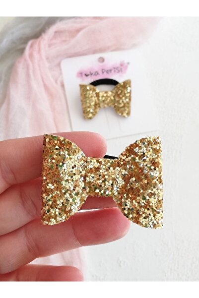Toka Perisi Kız Bebek Gold Mini Fiyonk Saç Lastik İki toka